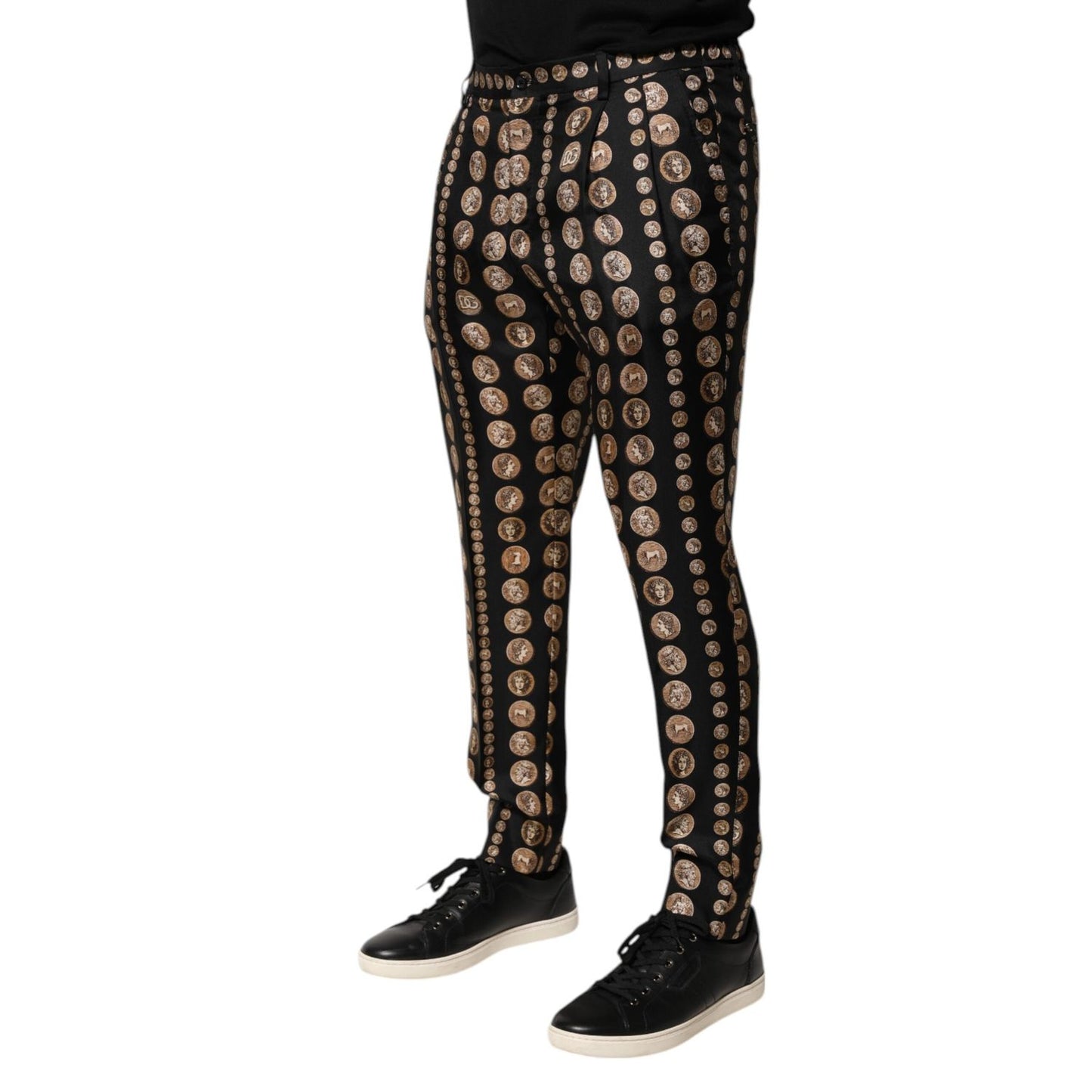Dolce & Gabbana Black Coin Print Silk Skinny Men Trouser Pants PAN76627-48