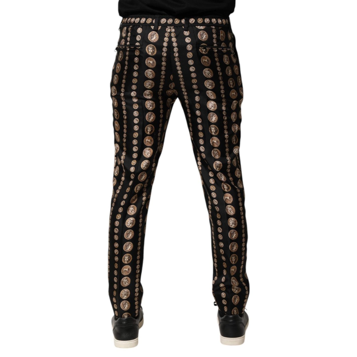 Dolce & Gabbana Black Coin Print Silk Skinny Men Trouser Pants PAN76627-48