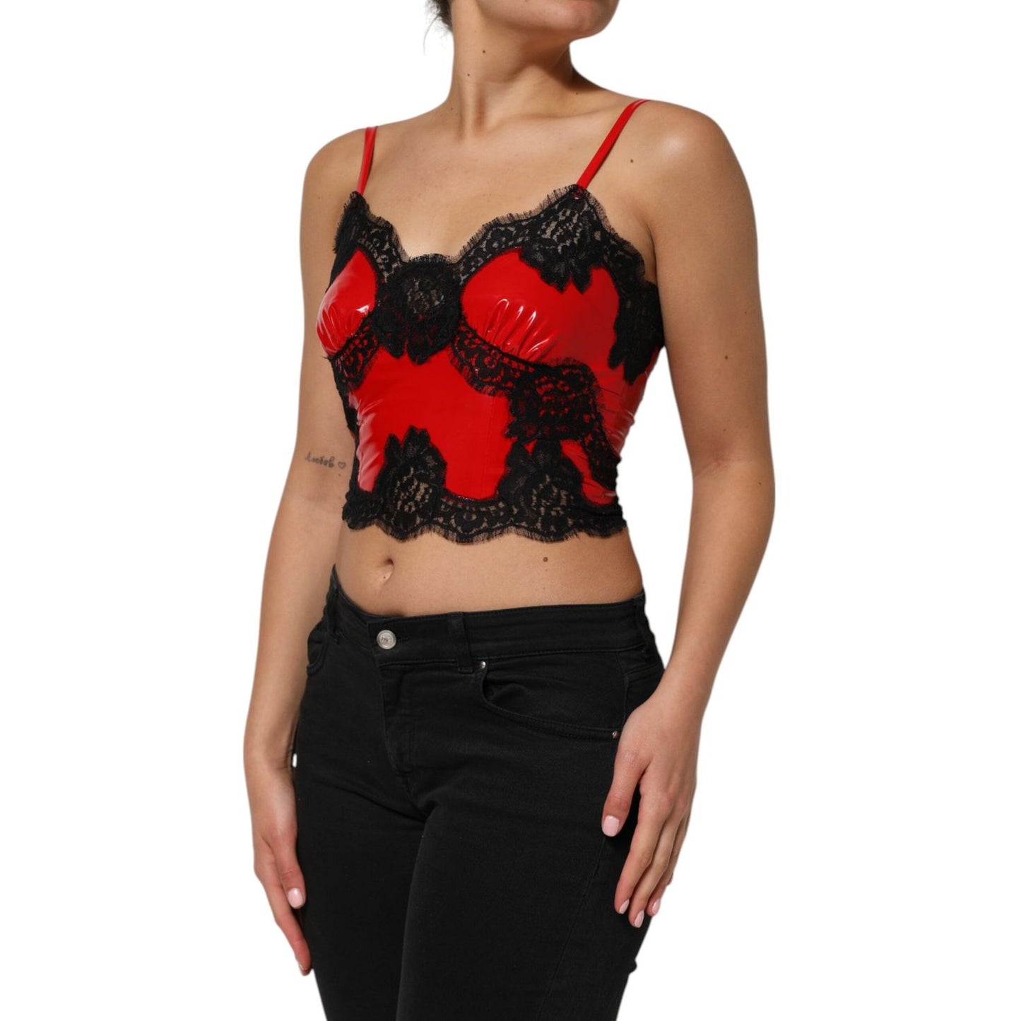 Dolce & Gabbana Red Black Lace Trim Polyester Sleeveless Tank Top TSH90624-2
