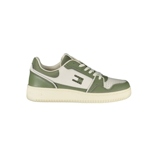 Tommy Hilfiger Green Leather Men Sneaker with white accents and logo, showcasing modern design and comfort features, perfect for street style.
