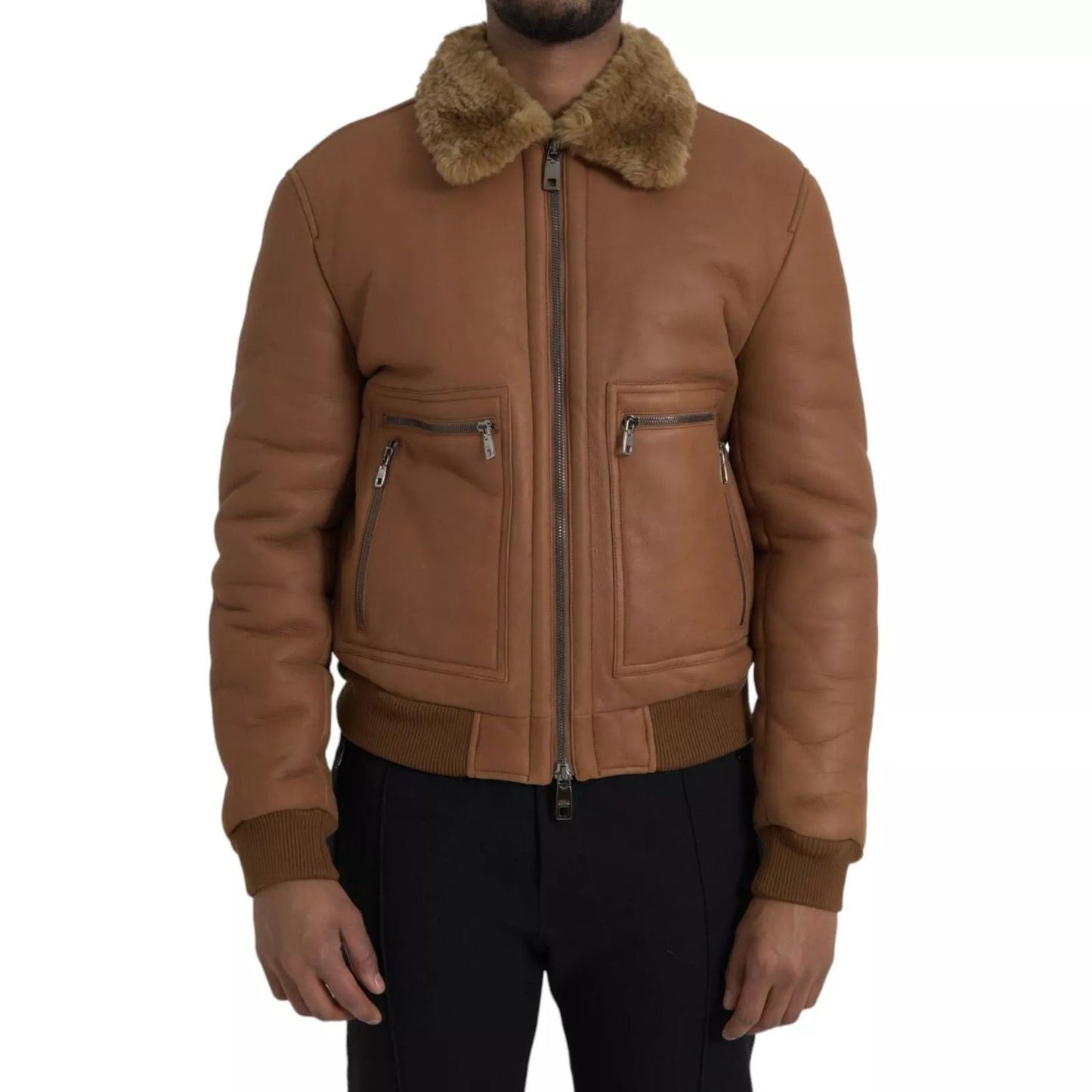 Dolce & Gabbana Brown Leather Fur Button Biker Coat Jacket JKT4050-52