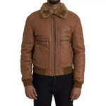 Dolce & Gabbana Brown Leather Fur Button Biker Coat Jacket JKT4050-52