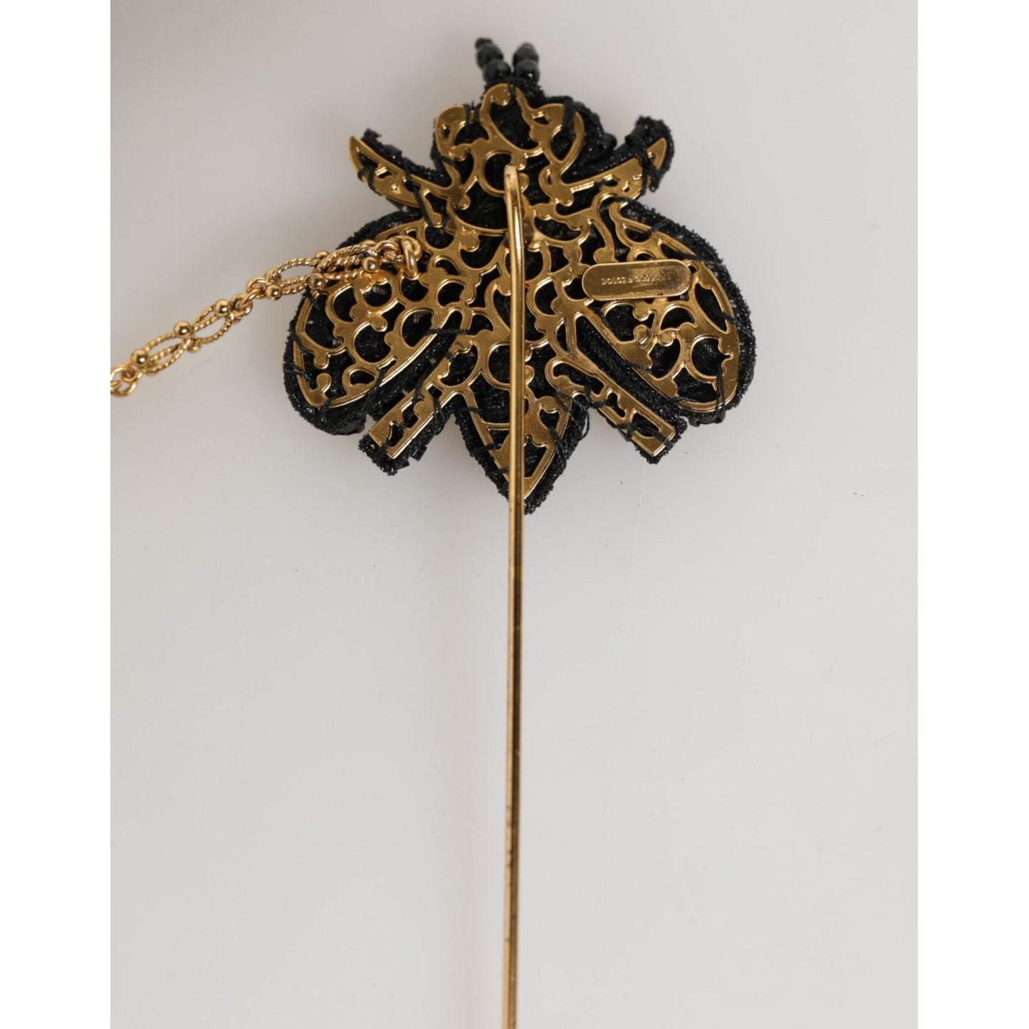 Dolce & Gabbana Lapel Pin Gold Brass Black Crystal Bee Accessories Brooch