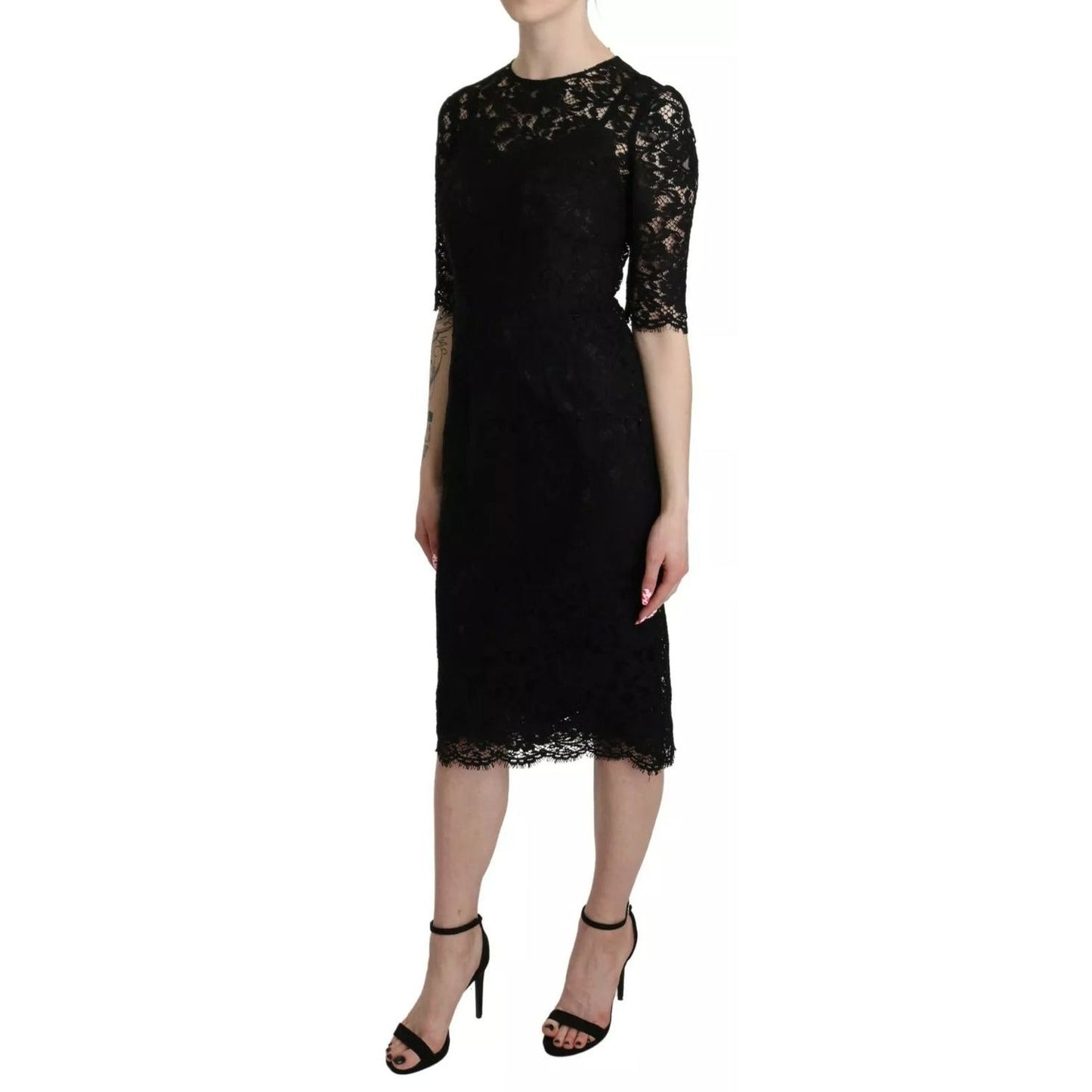 Dolce & Gabbana Black Floral Lace Sheath Knee Length Dress DR2616-40