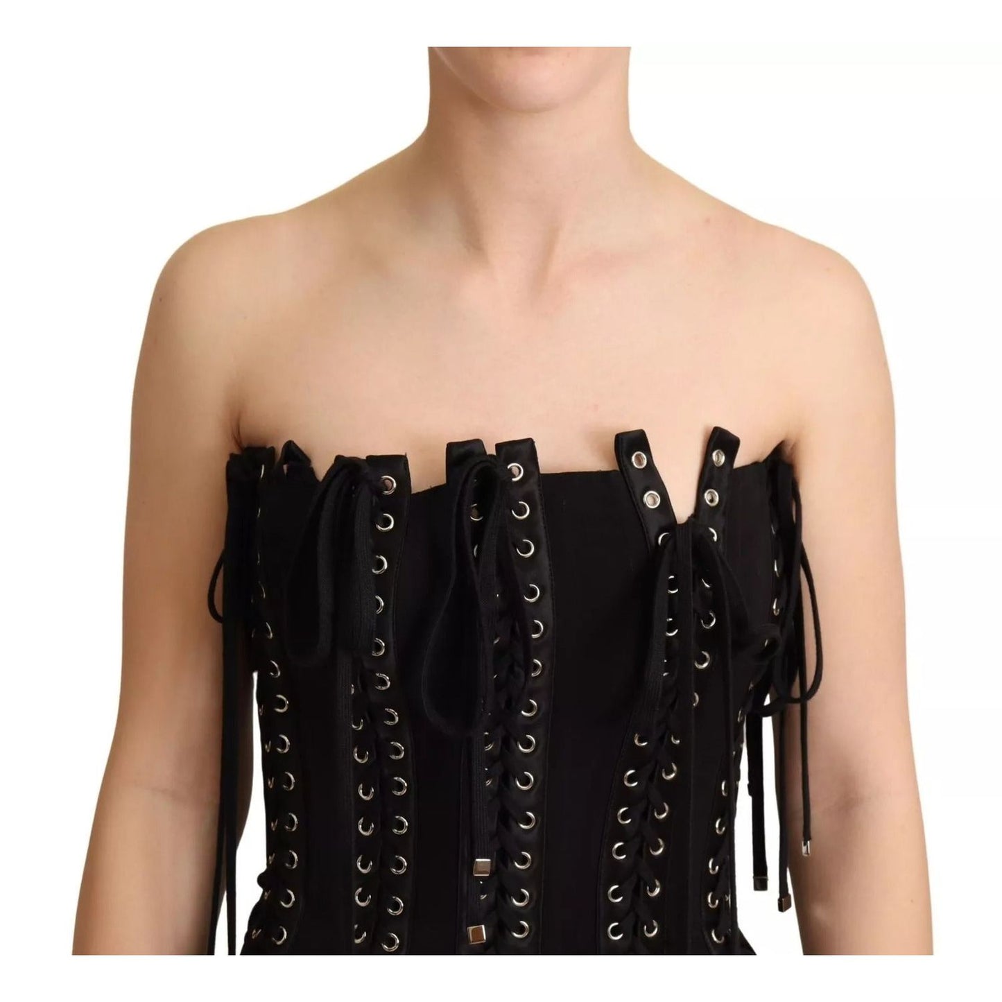 Dolce & Gabbana Black Cady Sleeveless Lace Up Bodycon Dress DR28050-36