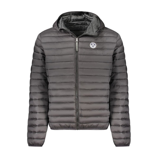 North Sails Black Polyester Men Jacket with hood and padding, showcasing sleek design and functionality.
