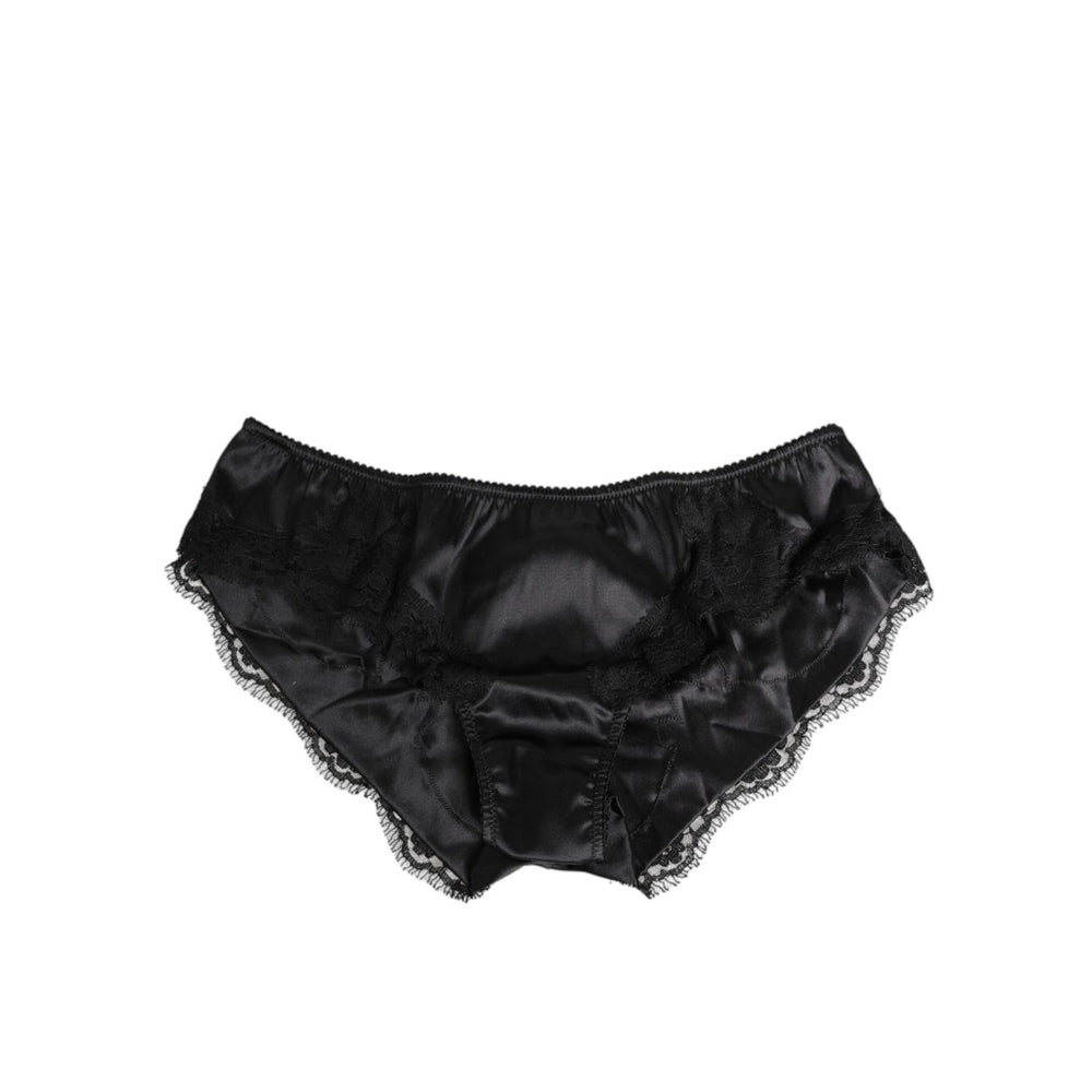 Dolce & Gabbana Black Silk Satin Lace Trim Panty Underwear