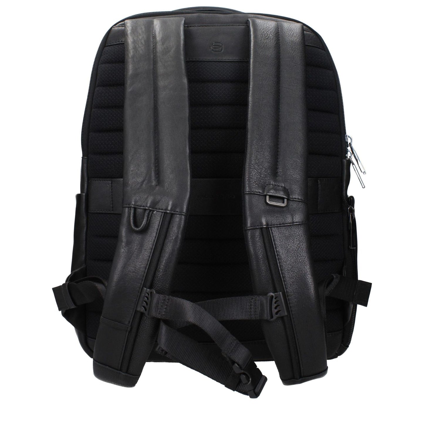Back view of Piquadro Black Leather Backpack with adjustable straps and vintage effect, featuring front and back logos.