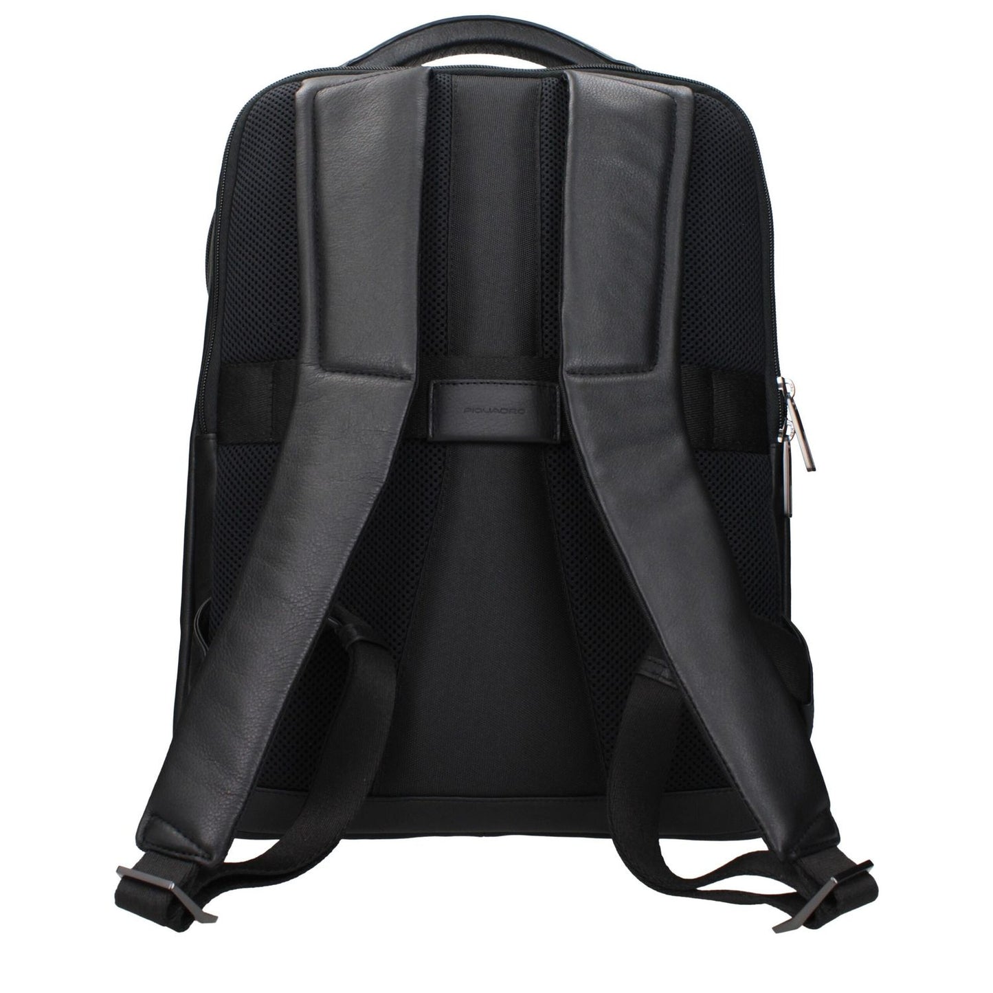Back view of Piquadro Black Leather Backpack with adjustable straps and cushioned support, designed for iPad/PC cases.
