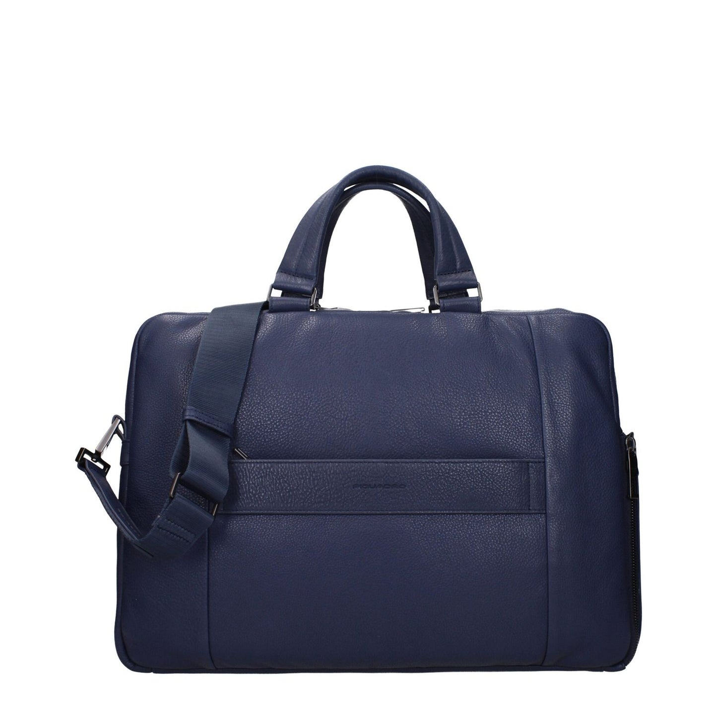 Piquadro Blue Leather Business And Laptop Bag with logos, vintage effect, adjustable shoulder strap, suitable for work and travel.