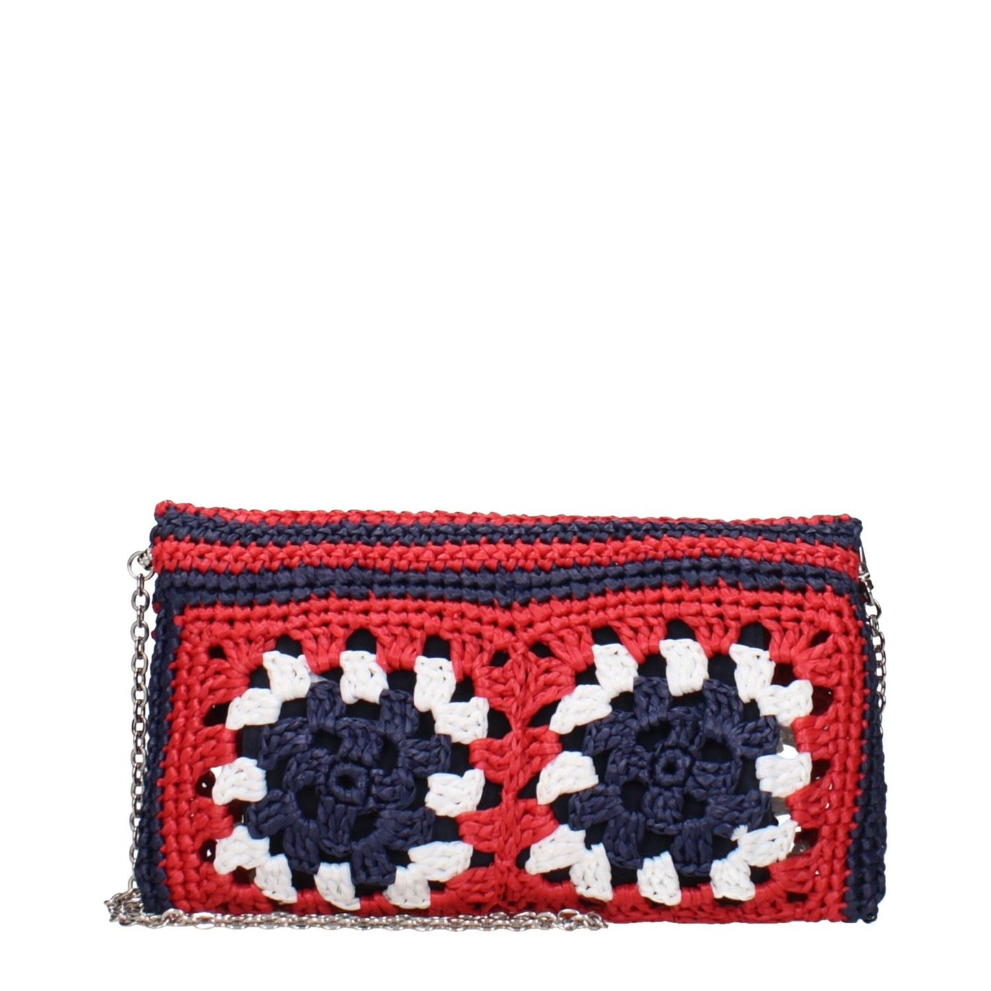 Miu Miu Multicolor Raffia Clutch Bag with removable shoulder chain, featuring a vibrant woven design in red, white, and blue.