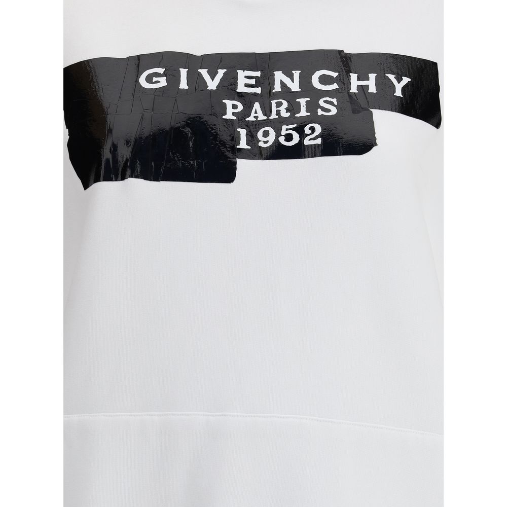 Givenchy White Cotton Sweatshirt with black GIVENCHY Tape 3D print, ribbed hem and cuffs, oversize fit, 100% cotton.