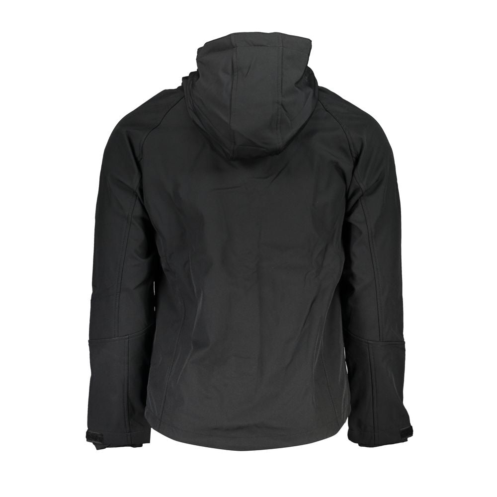 Gianmarco Venturi Black Polyester Jackets & Coat with removable hood, contrast details, and logo application, back view.
