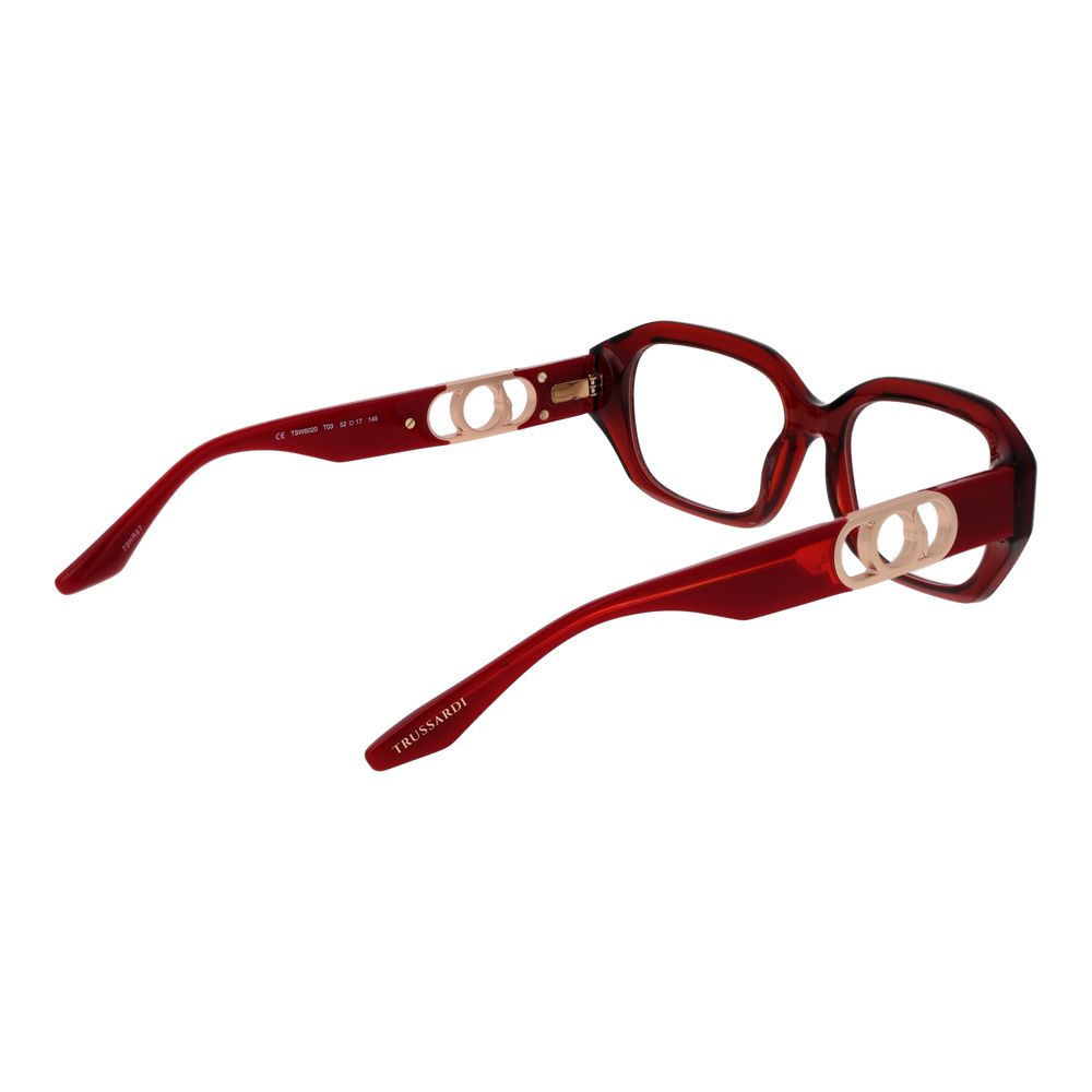 Trussardi Red Acetate Glasses (Frames) for women, full-rim, rectangular style with 52-17-145 size, demo plastic lenses, no protection filter.