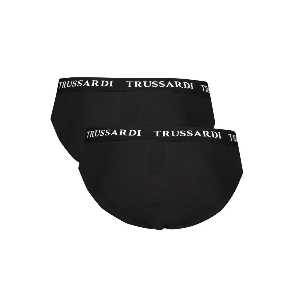 Trussardi Black Cotton Underwear with branded elastic waistband, featuring logo print, bi-pack set.