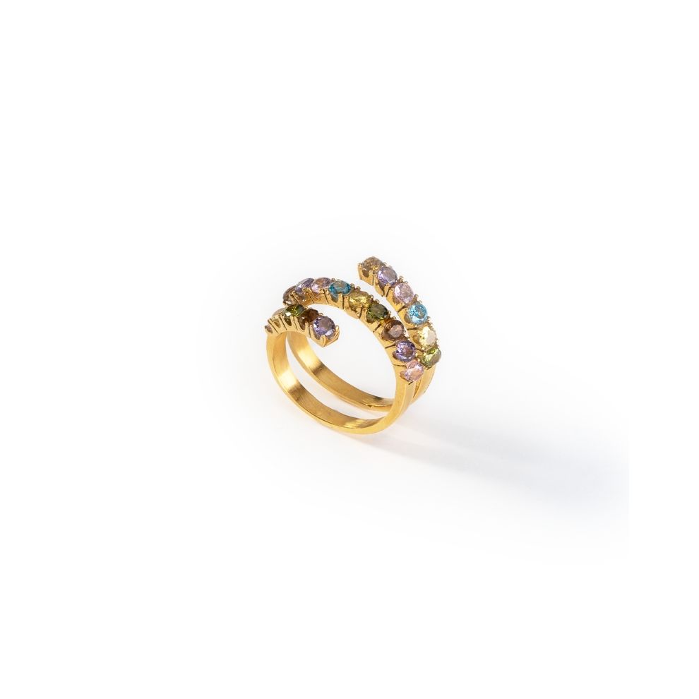 Alt Tag: AN JEWELS JEWELRY Mod. AL.RLIYSUM01-9 gold ring with colorful gemstones on white background