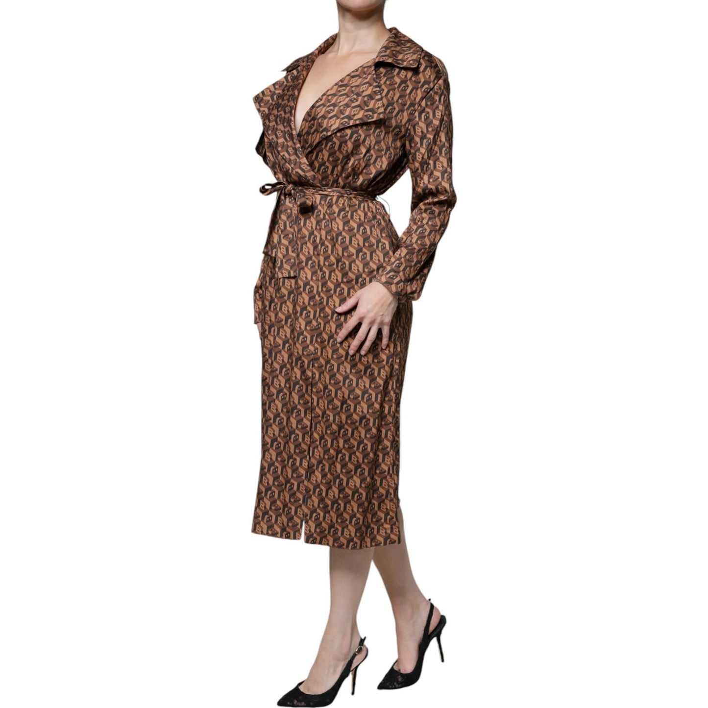 Ballantyne Brown Printed Long Sleeves V-neck Wrap Midi Dress DR81485-40