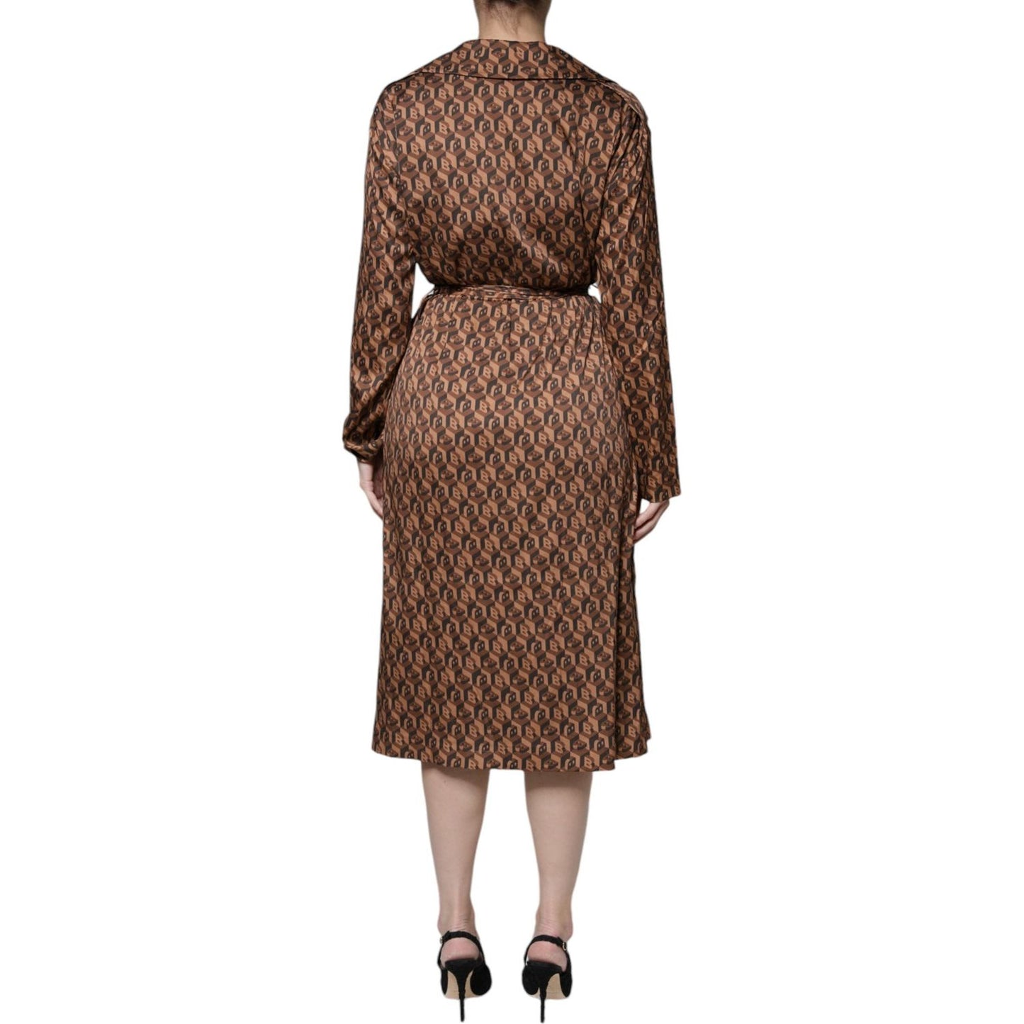 Ballantyne Brown Printed Long Sleeves V-neck Wrap Midi Dress DR81485-40