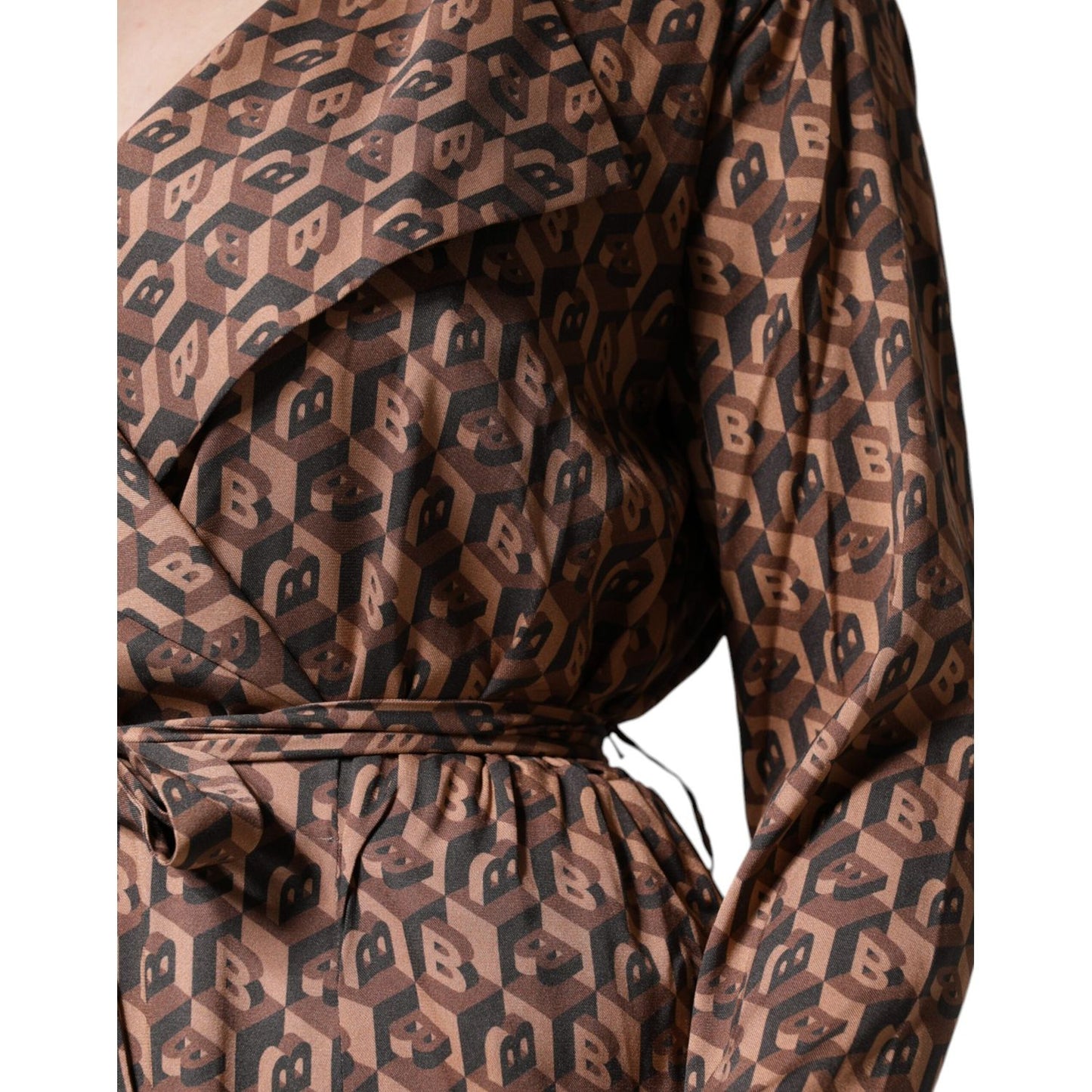 Ballantyne Brown Printed Long Sleeves V-neck Wrap Midi Dress DR81485-40