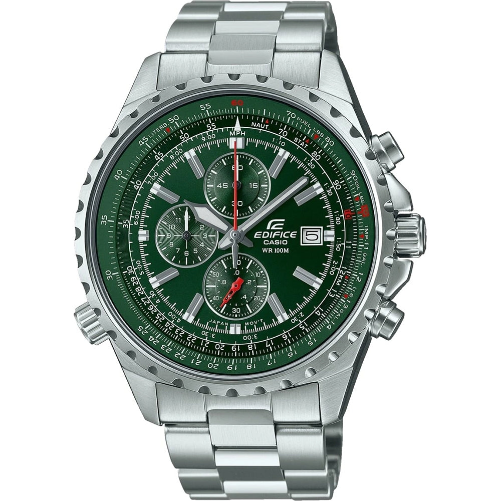 CASIO EDIFICE Mod. SLIDE RULE XL CHRONO - GREEN, 10 ATM water resistant, stainless steel case and bracelet, quartz movement wristwatch