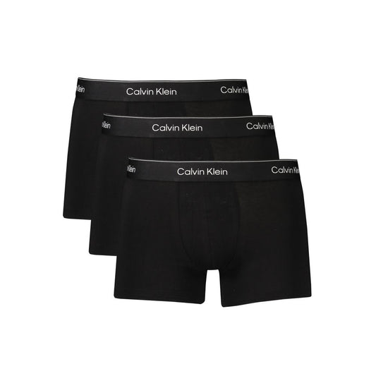 Calvin Klein Black Cotton Men Underwear tri-pack with elastic waistband and logo, front view of sleek black boxer briefs for style and comfort.