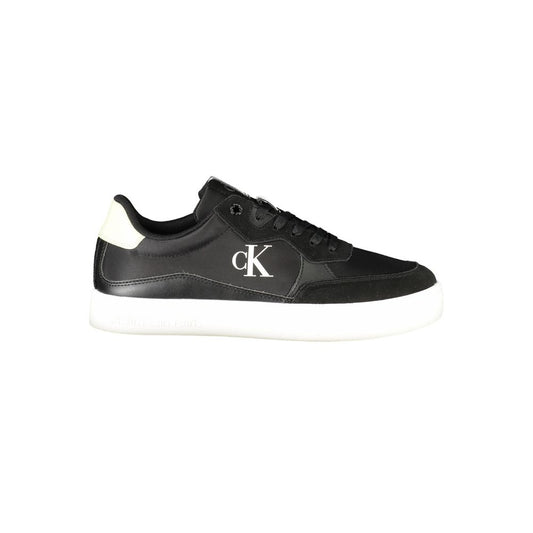 Alt Tag: Calvin Klein Black Leather Men Sneaker with bold logo and sleek design on a white background.