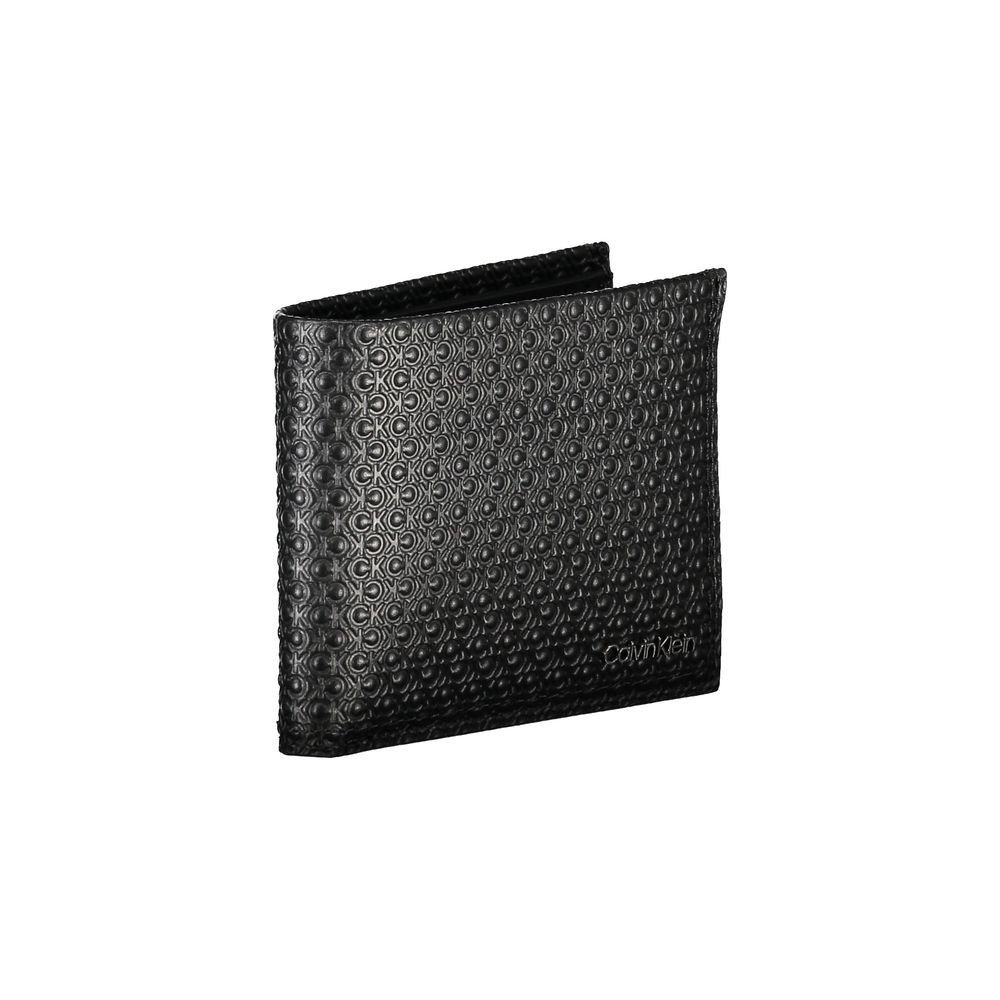 Calvin Klein Black Leather Wallet with coin purse, card spaces, RFID blocking, and contrast details featuring logo.