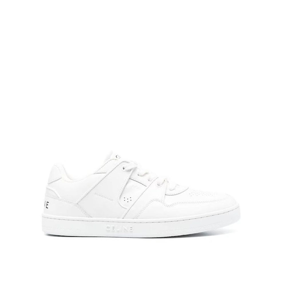 Celine White Calfskin Low Top Sneakers, men's luxury leather shoes with rubber sole, side logo, round toe, lace-up closure, made in Italy.