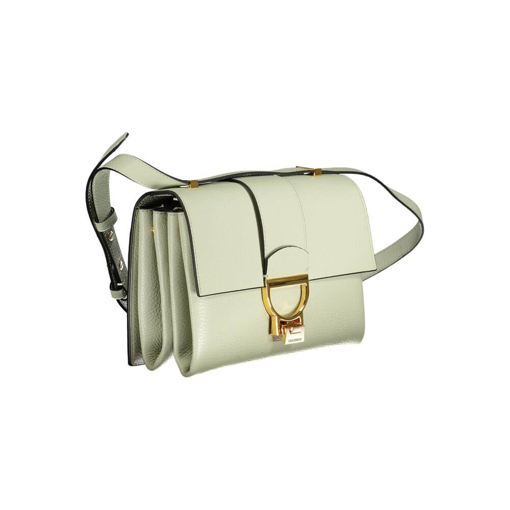 Coccinelle Green Leather Handbag with adjustable strap, external pocket, two compartments, internal pocket, zip, magnet, and clip closure.
