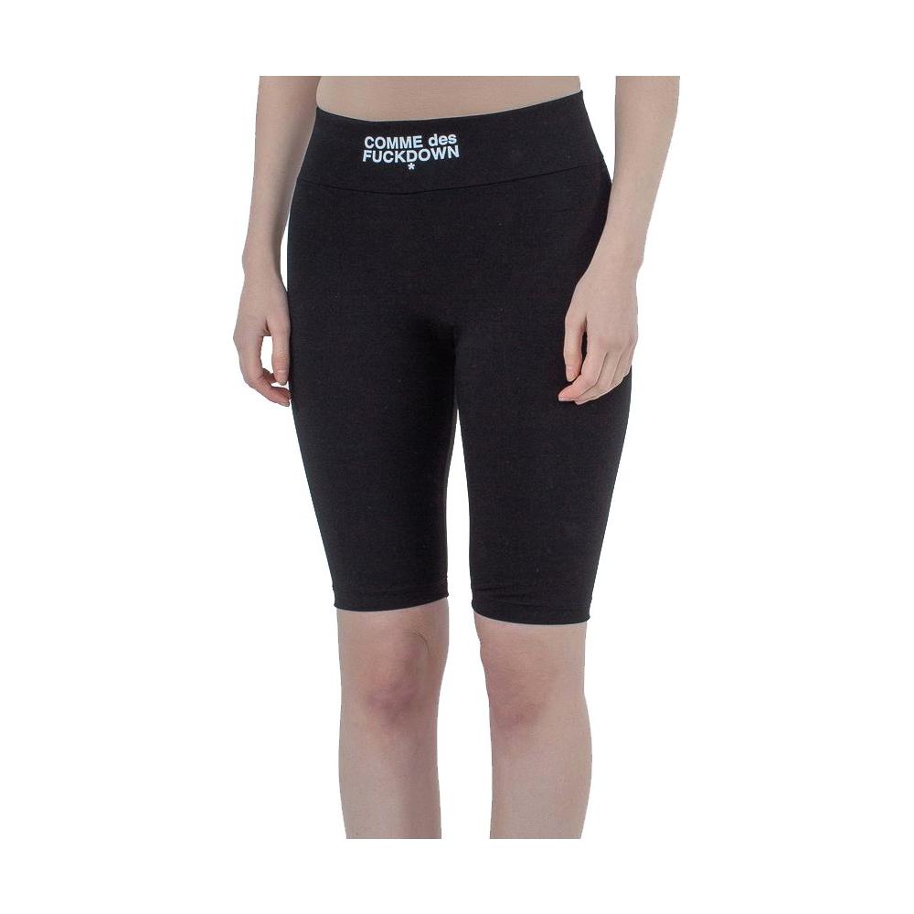 Comme des Fuckdown black polyester stretch leggings with logo print, slim fit, made in Italy, women's fashion.