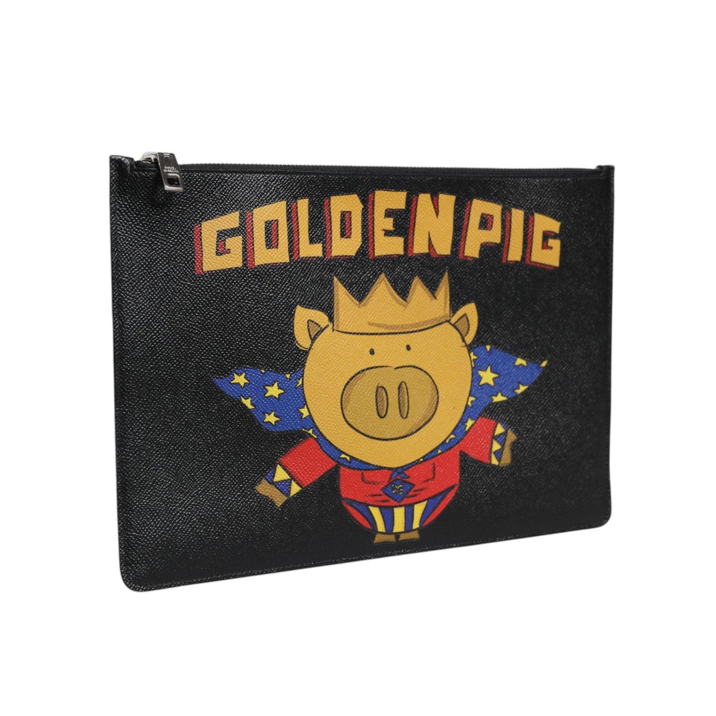 Dolce & Gabbana Black Leather Golden Pig Print Men Clutch Pouch Borse Bag BAG4680