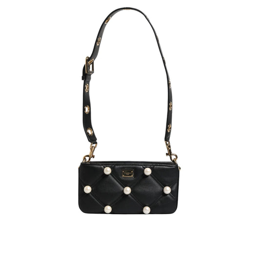 Dolce & Gabbana Black Leather Pearl Embellished Logo Shoulder Bag