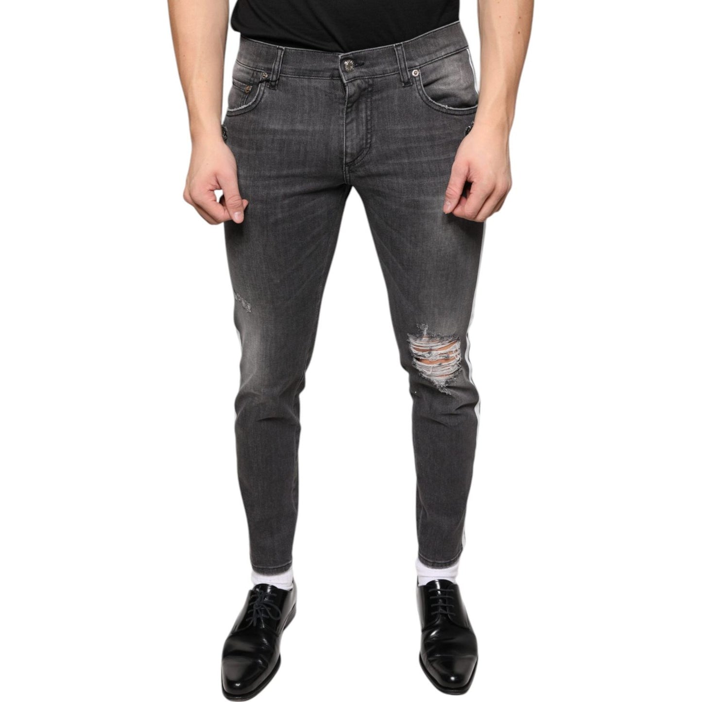 Dolce & Gabbana Black Tattered Cotton Skinny Men Denim Jeans PAN74862-46