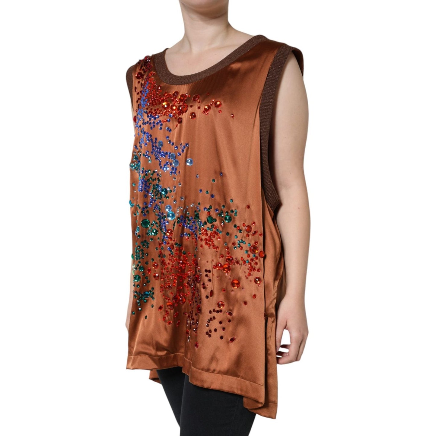 Dolce & Gabbana Brown Crystal Embellished Sleeveless Tank Top TSH86705-46