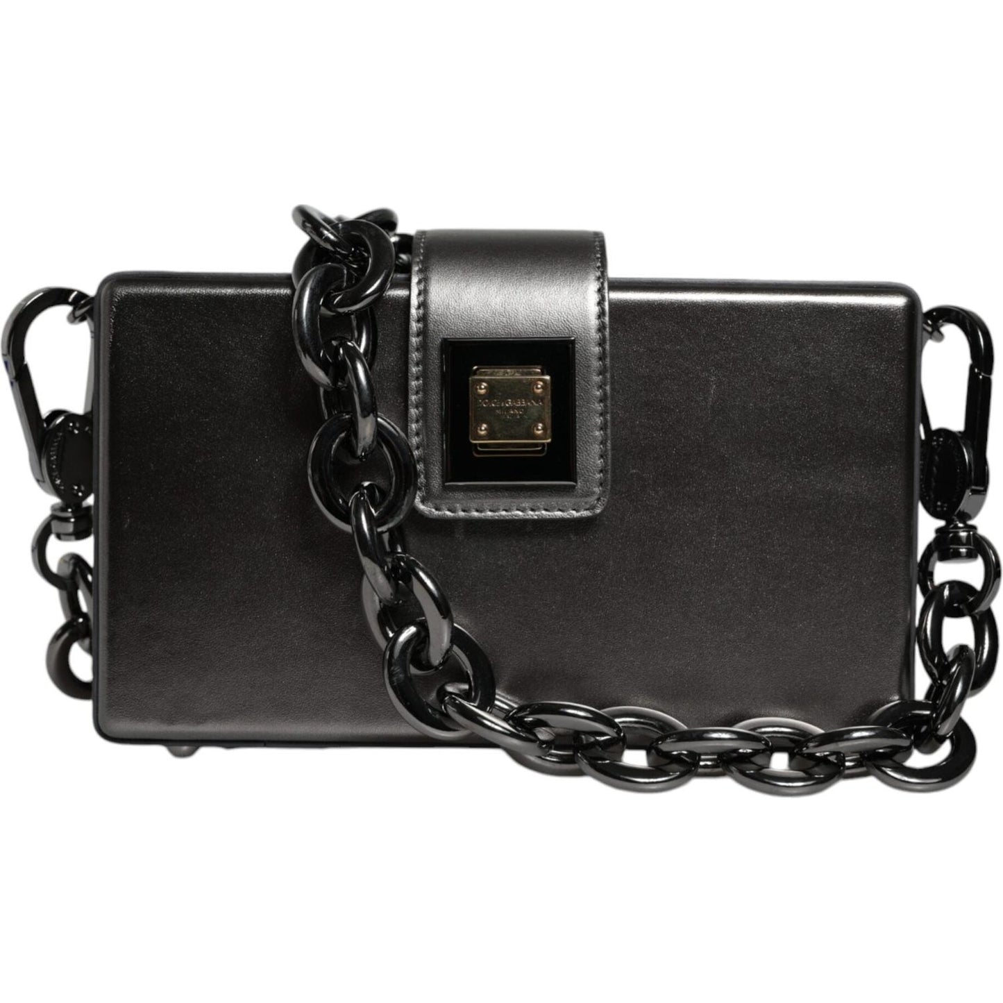 Dolce & Gabbana Metallic Gray DG BOX Leather Shoulder Chain Strap Bag BAG4076