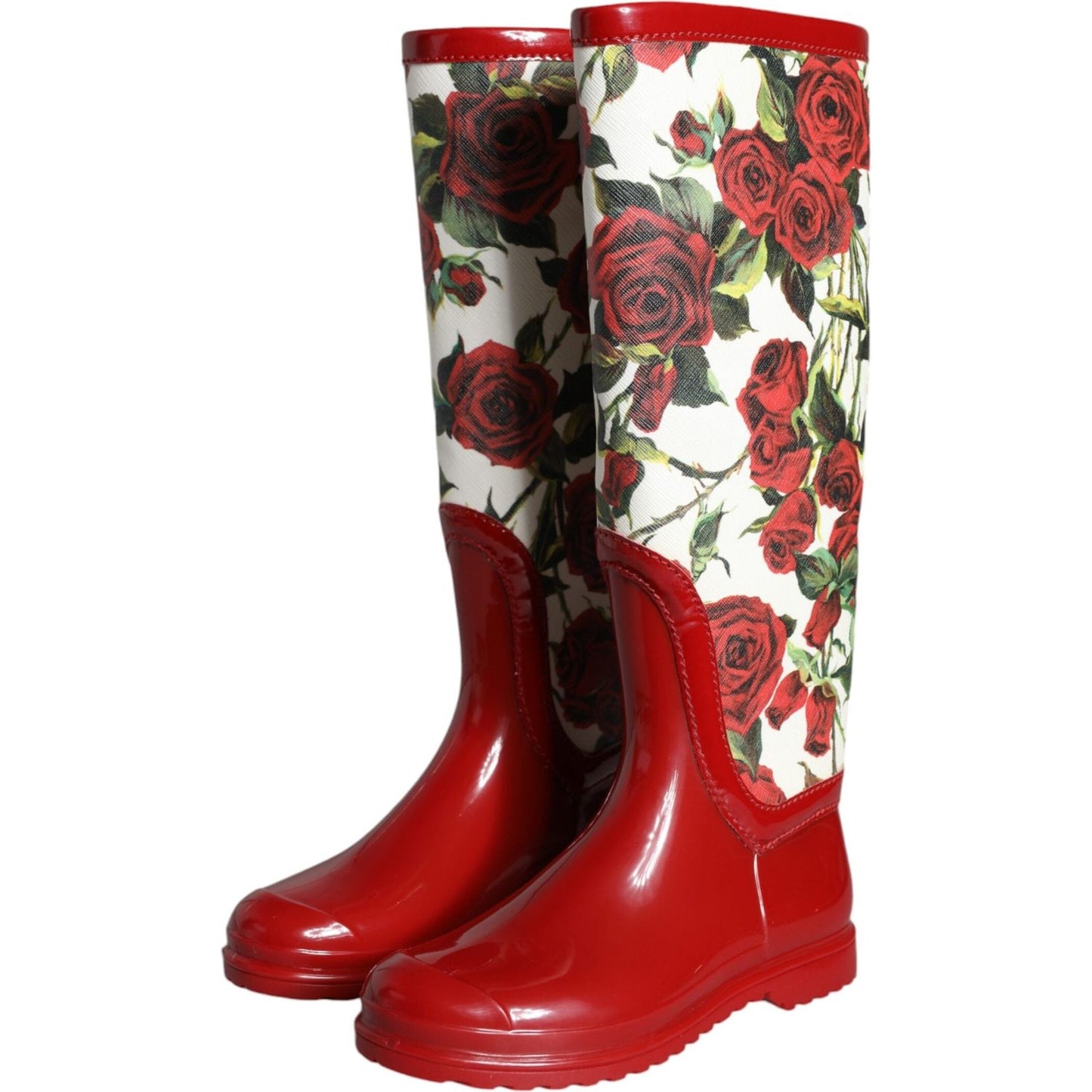 Dolce & Gabbana Red Floral Rubber Knee High Flat Boots Shoes LA11531-36
