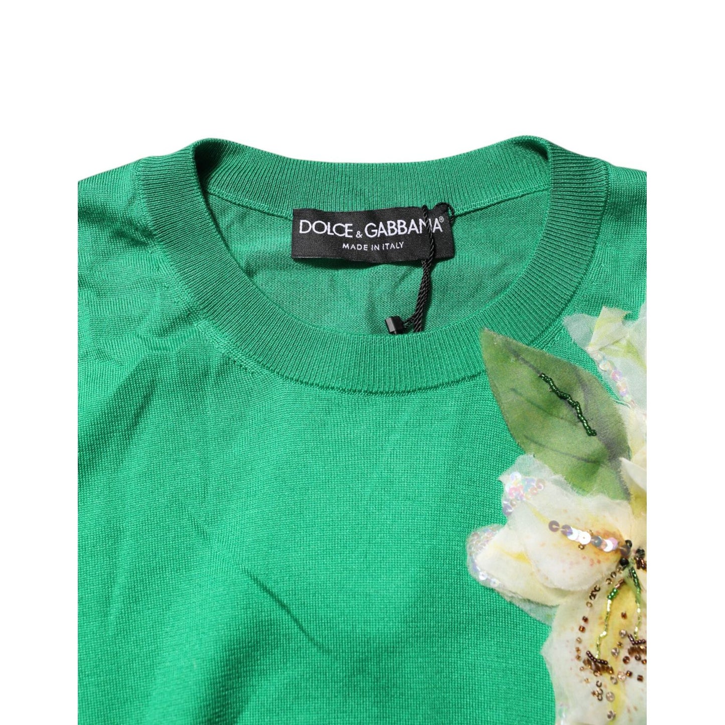 Dolce & Gabbana Green Floral Detailing Silk Pullover Sweater