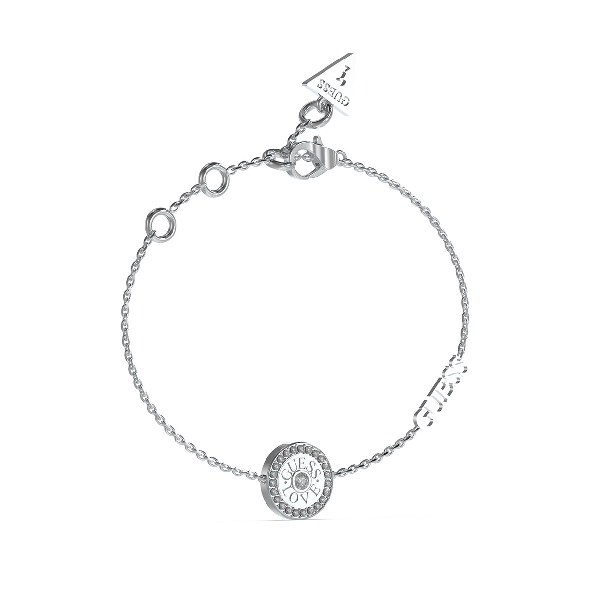 Delicate bracelet from GUESS JEWELS JEWELRY Mod. JUBB04082JWRHS with a circular charm and adjustable clasp.