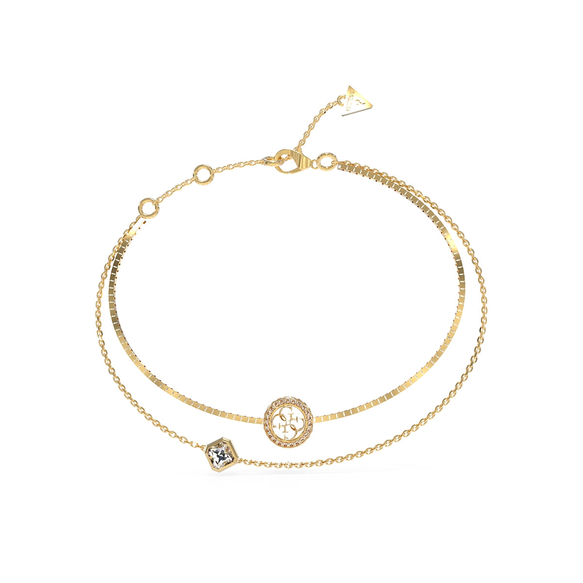 Alt Tag: GUESS JEWELS JEWELRY Mod. JUBB04160JWYGS gold bracelet with crystal accents on white background