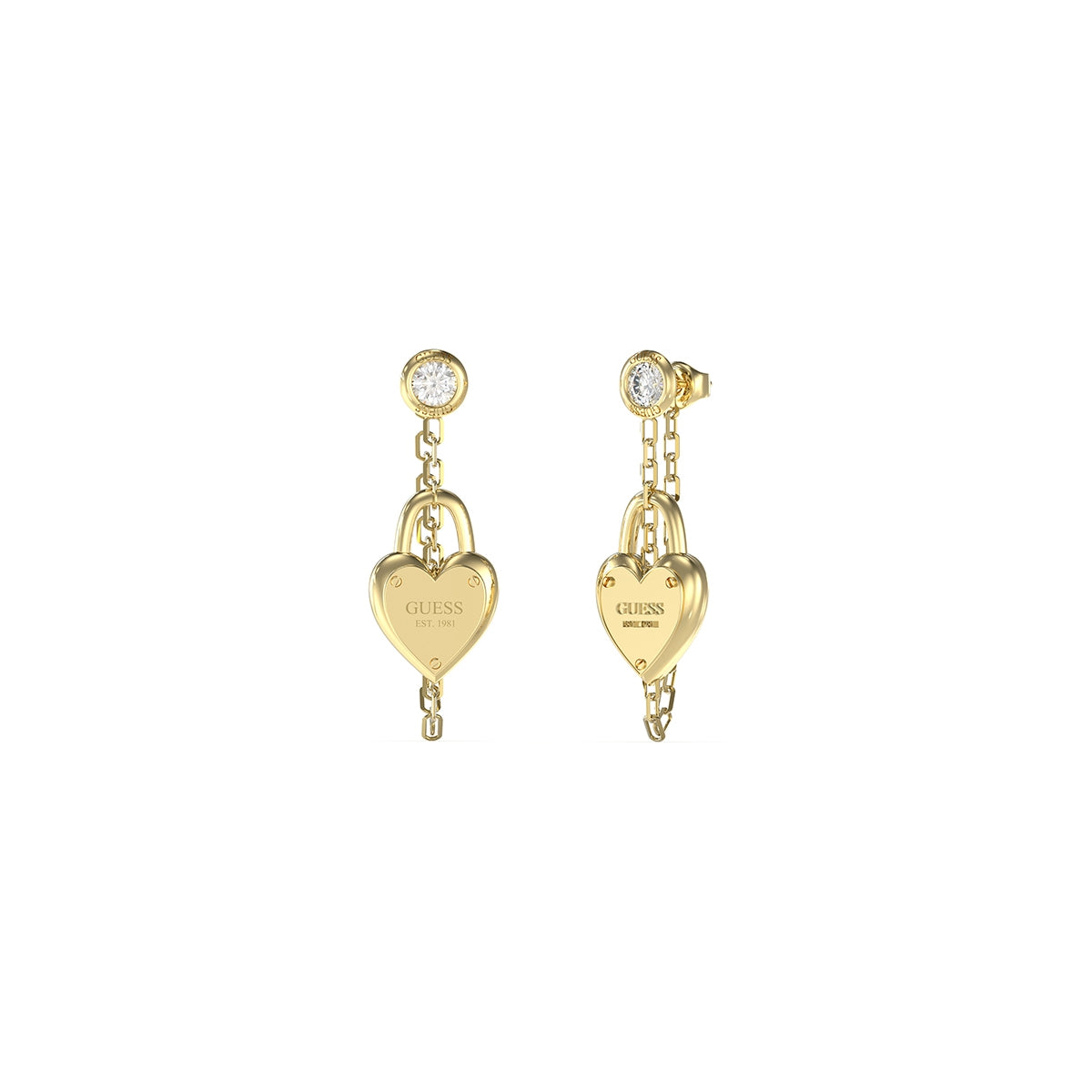 GUESS JEWELS JEWELRY Mod. JUBE04212JWYGT-U gold heart earrings with diamond accents, luxury fashion accessory.