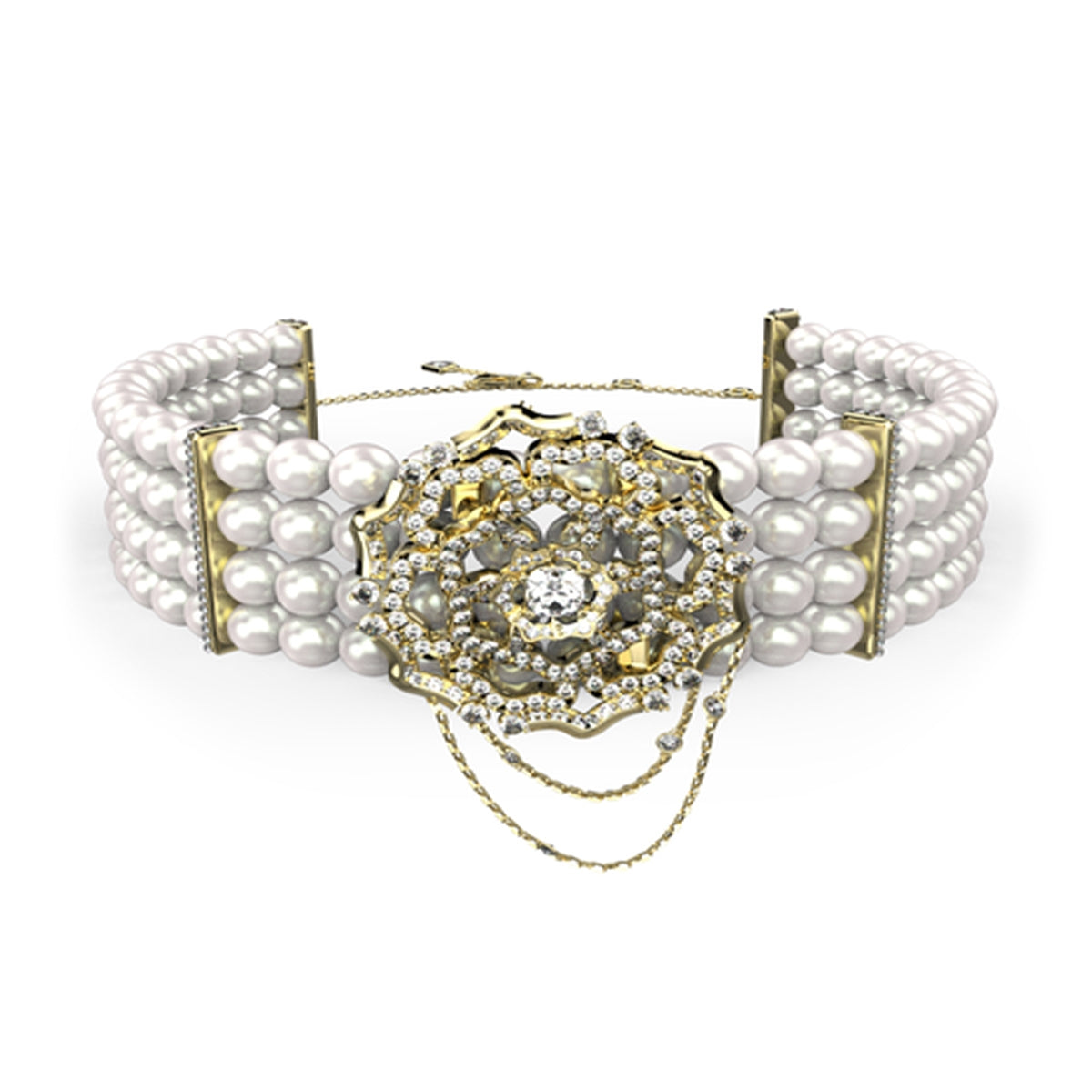 Luxurious multi-strand pearl bracelet with intricate gold and diamond centerpiece, enhancing elegance and luxury.