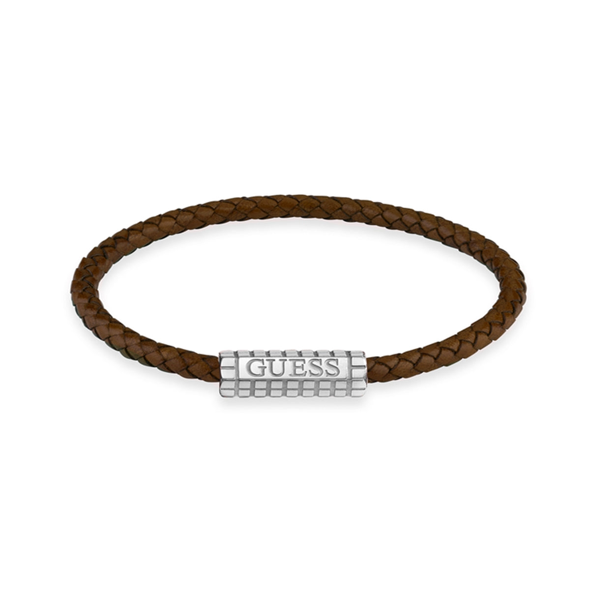Alt Tag: GUESS JEWELS JEWELRY Mod. JUMB05035JWSTBWS brown leather bracelet with silver clasp.