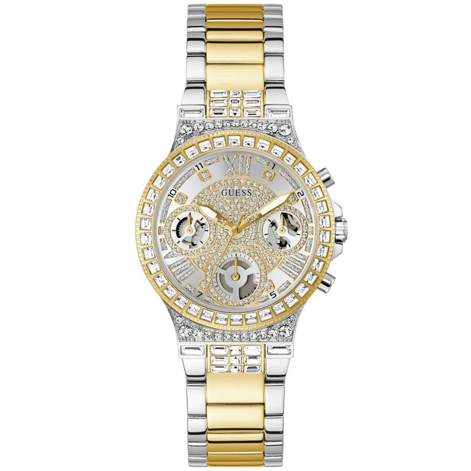 Luxury watch featuring GUESS Mod. MOONLIGHT design with gold and silver accents, showcasing elegance and style.