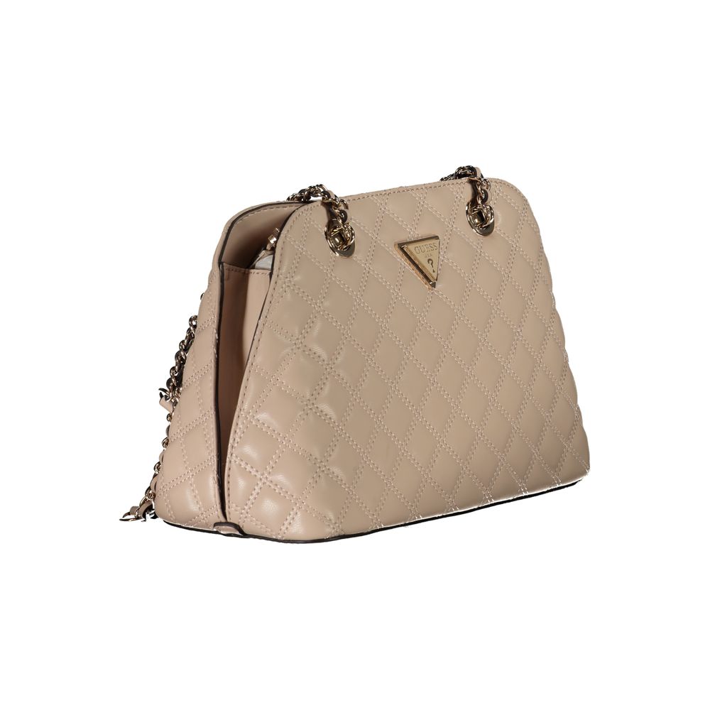 Guess Jeans Beige Polyethylene Handbag with adjustable chain strap, external pocket, zipper closure, and protective feet.