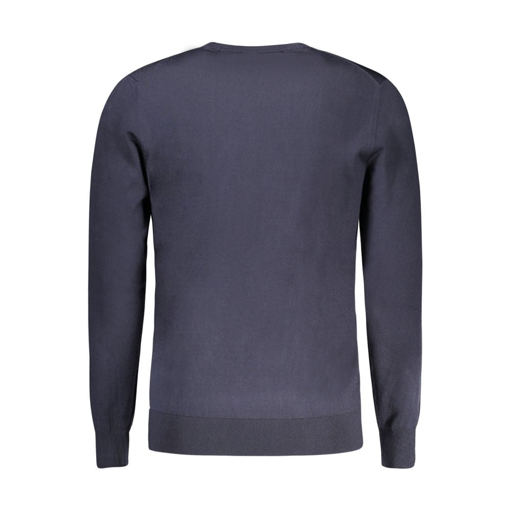 Back view of Guess Jeans Blue Viscose Sweater, long-sleeved, crew neck, featuring logo application.