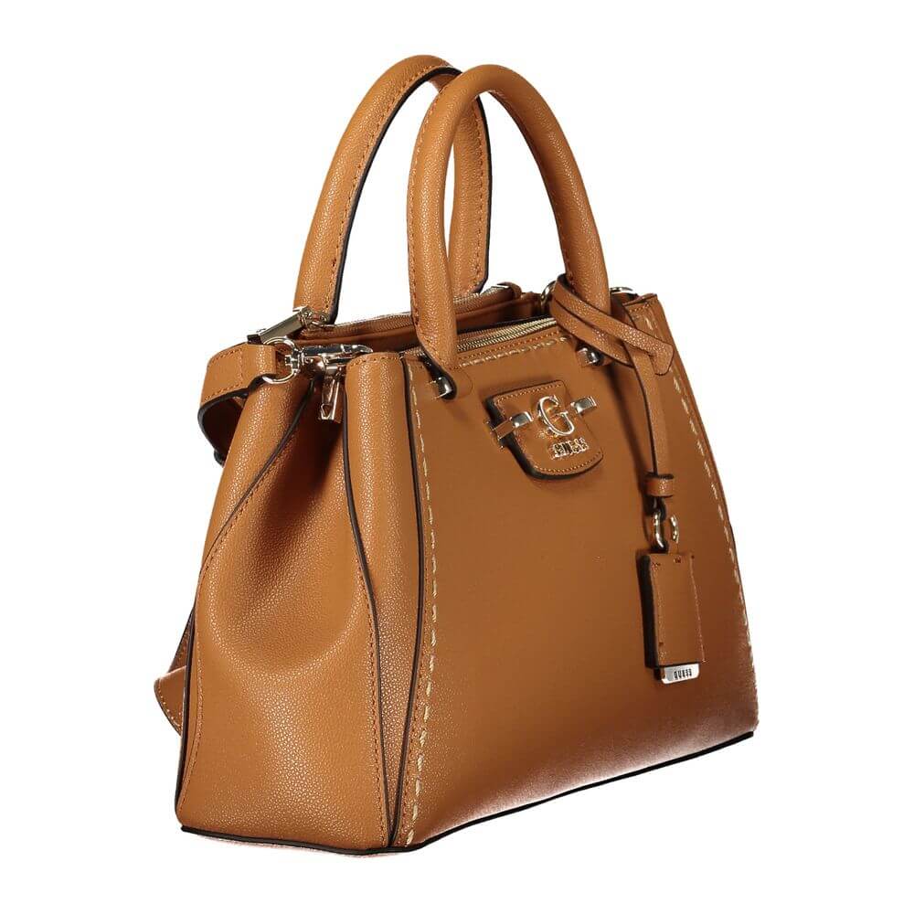 Guess Jeans Brown Polyethylene Handbag with ribbon, dual handles, adjustable shoulder strap, pockets, and logo details.
