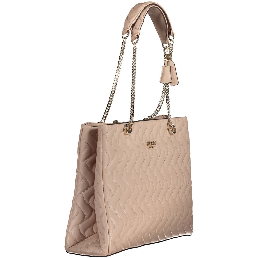 Guess Jeans Pink Polyethylene Handbag with chain shoulder handles, contrasting details, snap closure, and logo design.