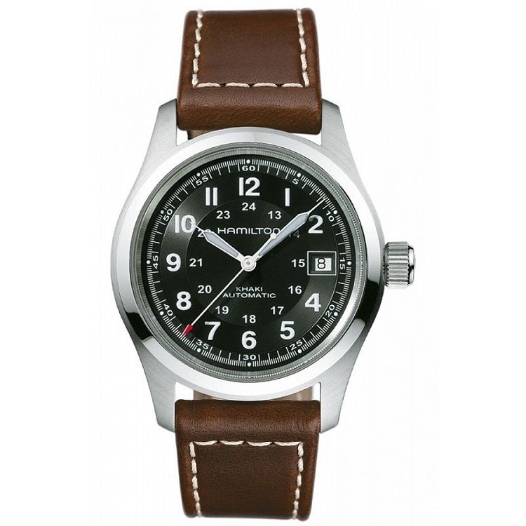 HAMILTON Mod. KHAKI FIELD Automatic wristwatch with stainless steel case and leather strap. Water resistant 5 ATM, sapphire dial, Swiss made.
