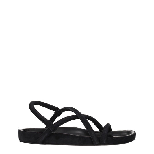 Isabel Marant Black Leather Flat Sandals featuring open toe and low heel, showcasing vintage suede with aged effect.