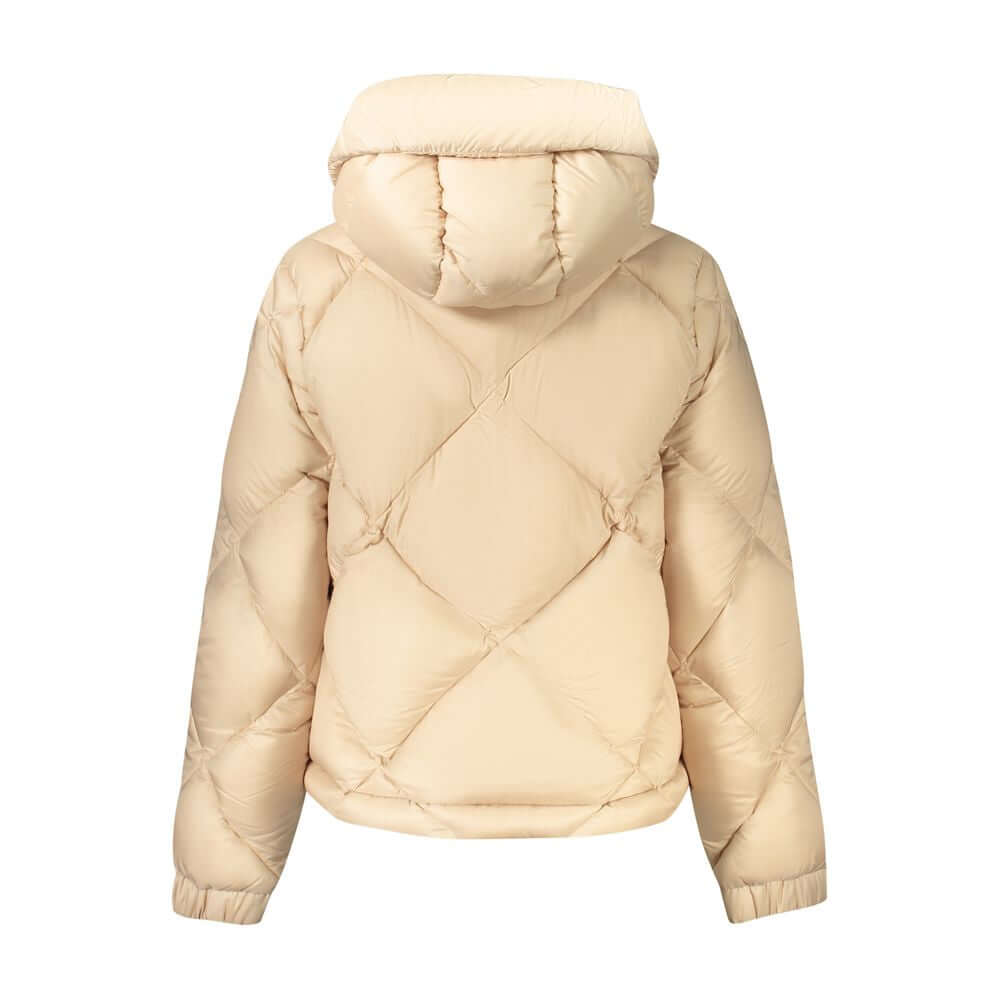 K-WAY Beige Polyester Jackets & Coat with hood, long sleeves, contrasting details, and multiple pockets.
